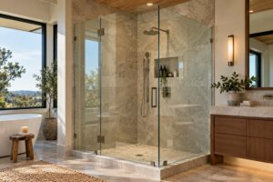 Corner frameless glass shower enclosure designed to maximize space in a modern bathroom.