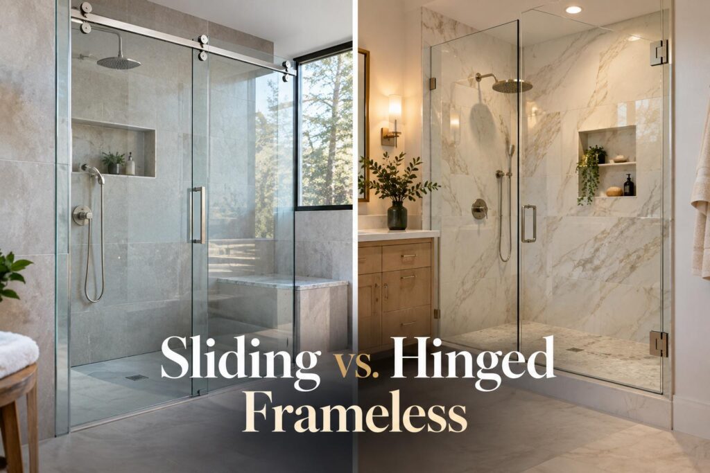Comparison of sliding and hinged frameless shower door designs for a modern bathroom.